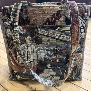 Vintage JADE Tapestry Tote Bag Cottagecore Travel Scene Woven Purse